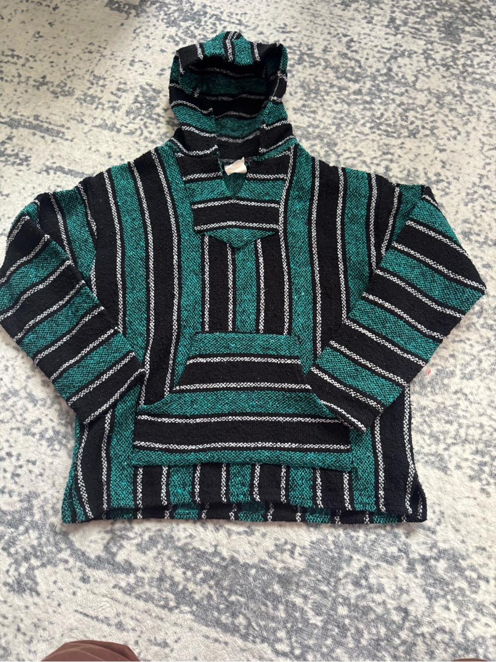 Men's Striped Teal & Black Hooded Pullover Baja Sweater size Large